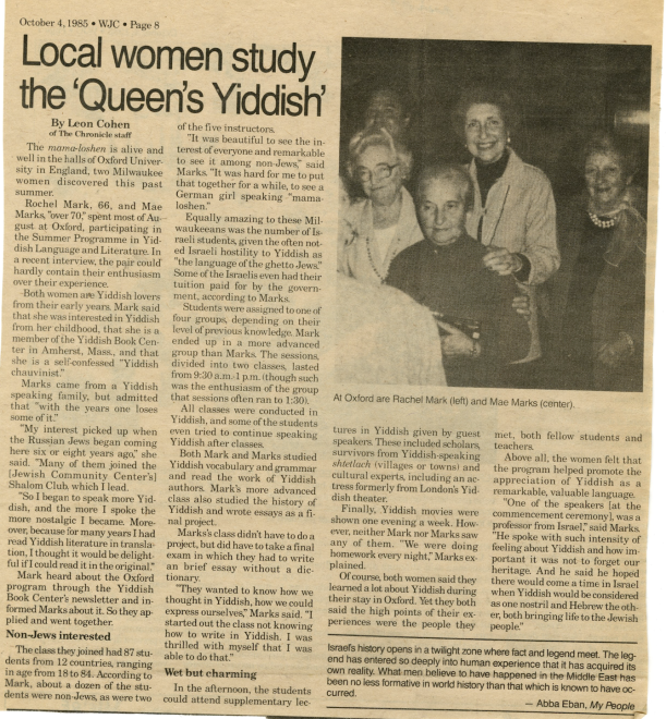 An article entitled "Local women study 'Queen's Yiddish'"