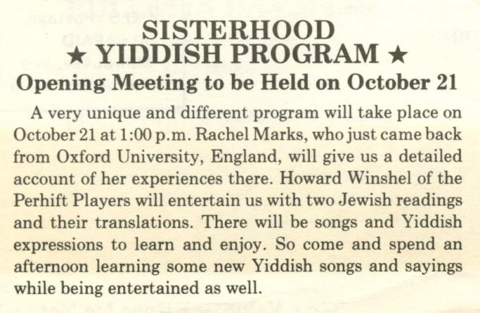 Text reading Sisterhood Yiddish Program: Opening Meeting to be held on October 21