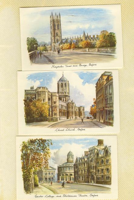 Three cards featuring prints of watercolor images of Oxford: Magdalen Tower and Bridge, Christ Church, and Exeter College and Sheldonian Theatre