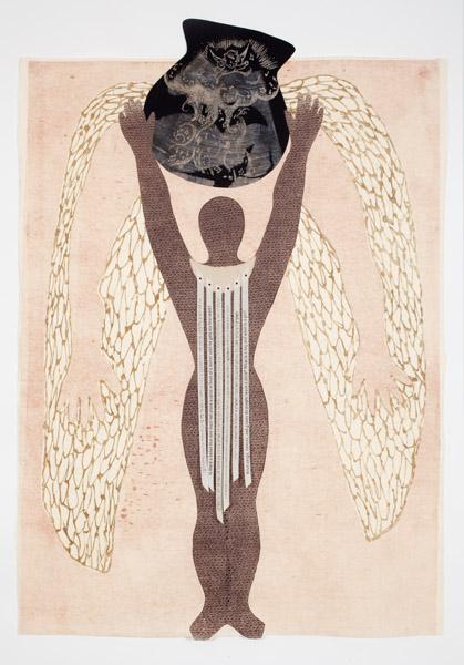 Collage of a body holding up a vase with wings, against a beige background