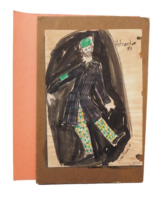 Dina Harris' costume sketch of the third Hotsmakh from Itsik Manger's "Enchanting Melody". Pencil and crayons over an India ink wash.