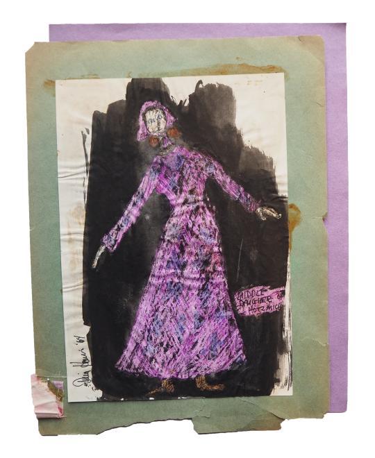 Dina Harris' costume sketch of Hotsmakh's middle daughter from Itsik Manger's "Enchanting Melody". Pencil and crayons over an India ink wash, featuring a floral fabric swatch.