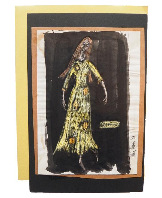 Dina Harris' costume sketch of the Mirele from Itsik Manger's "Enchanting Melody". Pencil and crayons over an India ink wash.