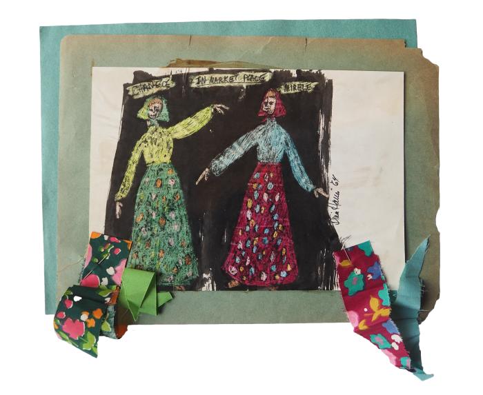 Dina Harris' costume sketch of Mirele and Chanele, in the marketplace from Itsik Manger's "Enchanting Melody". Pencil and crayons over an India ink wash, featuring floral fabric swatches.