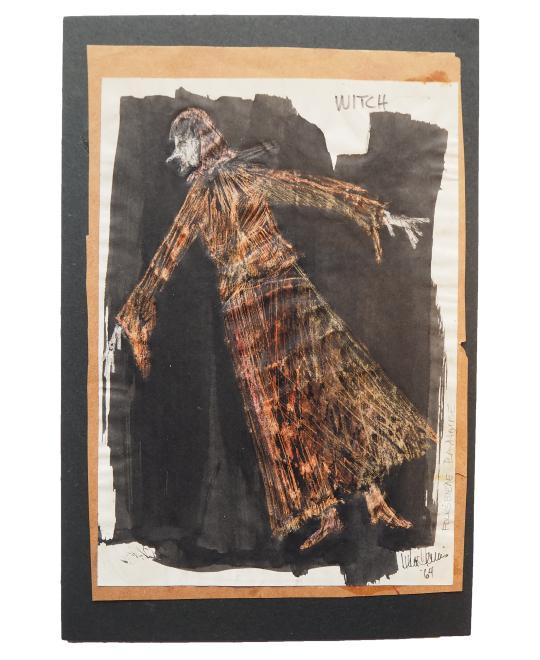 Dina Harris' costume sketch of the Witch from Itsik Manger's "Enchanting Melody". Pencil and crayons over an India ink wash.