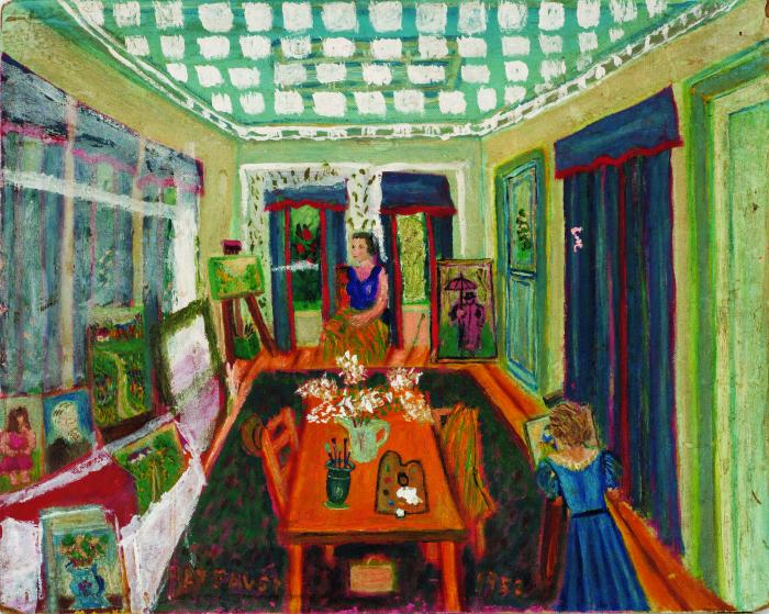 Painting by Ray Faust of the artist in painting studio surrounded by her work