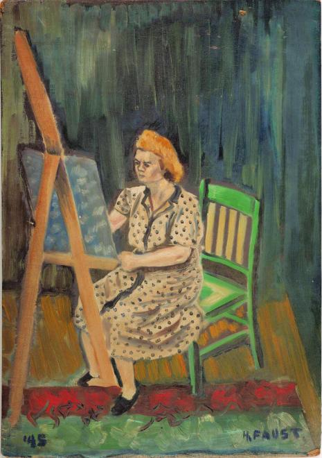Woman sits on a green chair and paints at an easel