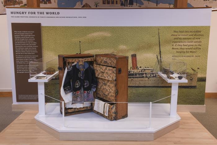 Display of steamer trunk and personal items from Peretz Hirshbein and Esther Shumiatcher