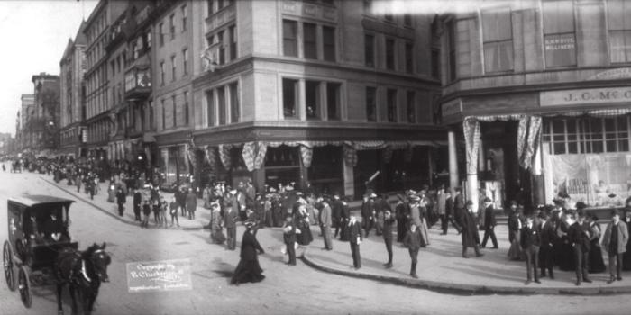 Bustling Boston street in the 1900s
