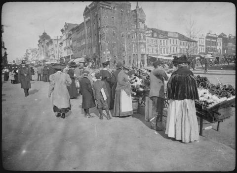 Bustling food market in 1900s Washington, D.C.