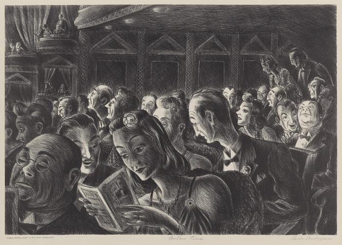 Picture of an audience at a theatre, created by Carlos Anderson, ca. 1935.