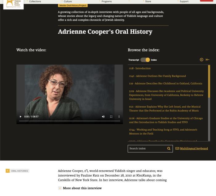 Screenshot of the top portion of Adrienne Cooper's Oral History Interview webpage, with video player on left and index on right