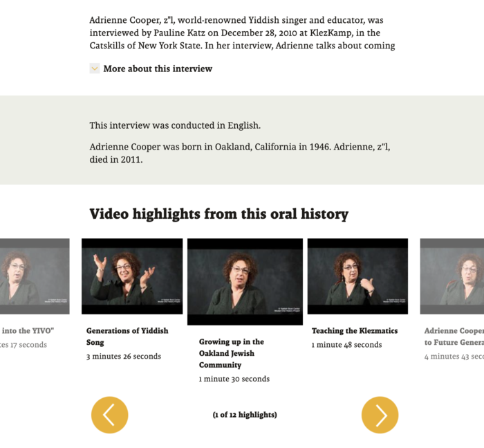 Screenshot of middle portion of Adrienne Cooper's oral history interview webpage, with basic info and highlights with preview images and yellow buttons to navigate to see different highlights