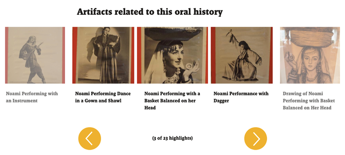 Screenshot of artifacts related to Noami Leaf Halpern's oral history interview, with small images of archival photographs of Noami as a dancer with descriptive text