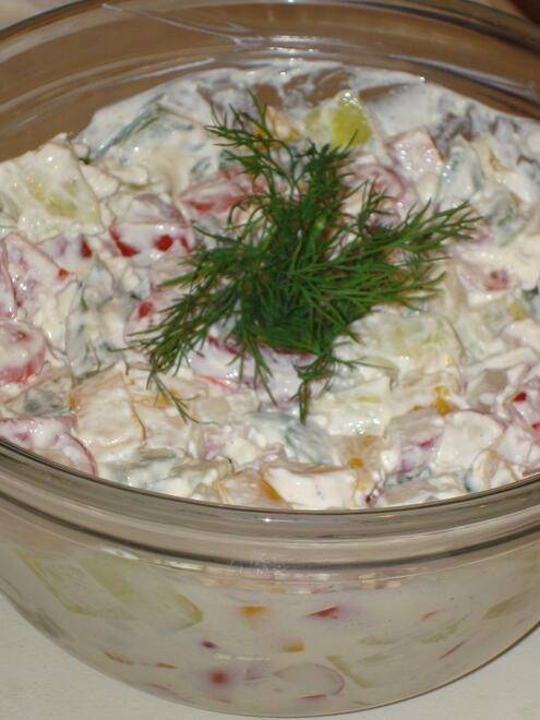 Farmer salad in a bowl with dill