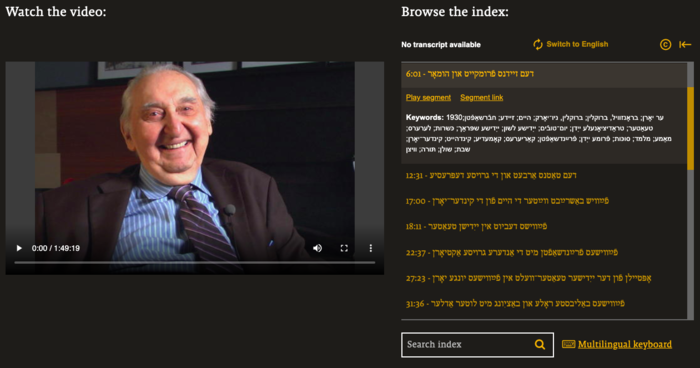 Fyvush Finkel's interview alongside its bilingual index, seen here in the Yiddish viewer