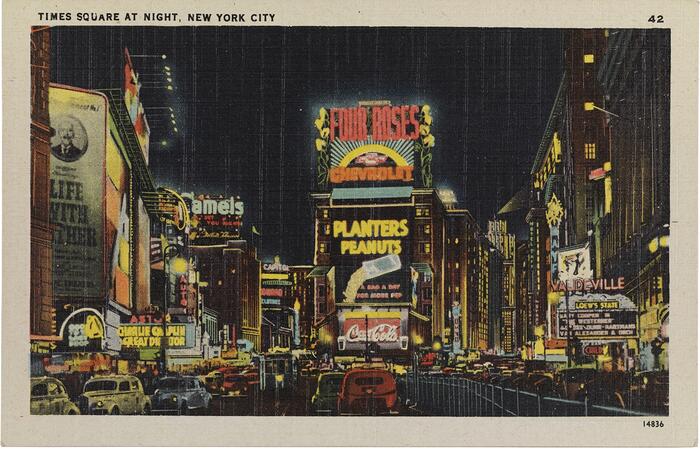Colorful painting of Times Square at Night, NYC, ca. 1935.