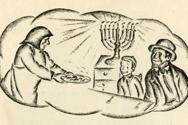 A woman in a babushka presents a boy and man with Hanukkah gelt. They are lit by the light of the Hanukkiah.