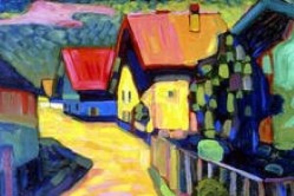 A quiet town street rendered in primary colors and green. W. Kandinsky Murnau Street with Women