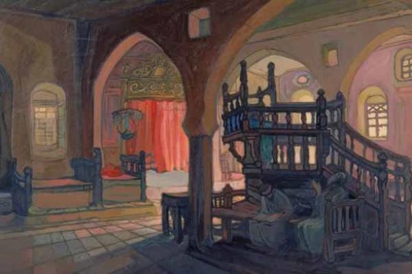 Synagogue-Safed, Saul Raskin, 1930s oil on canvas. From the Jewish Museum collection. The image of Jewish ritual life in the mystical city of Safed depicts Jews praying in a traditional synagogue characteristic of the city, and utilizes shadow to interesting effect.
