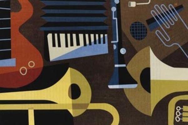 Cubist depiction of band instruments.