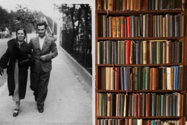 Couple in black and white photo and separate image of a book shelf full of books.