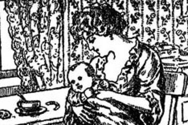 Illustration black and white, a mother holds a baby.