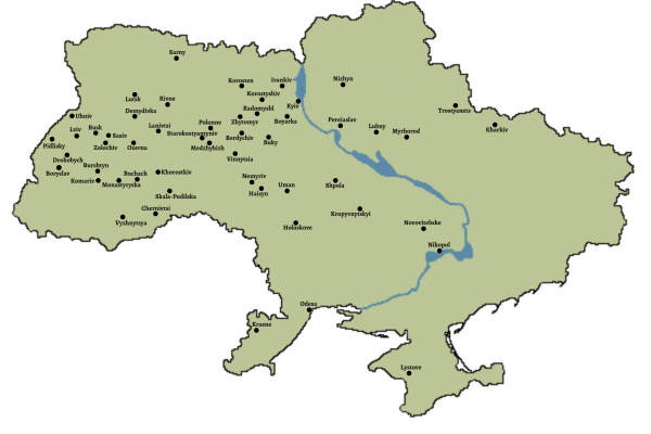 Map of Ukraine. There are dots marking towns where major Yiddish writers were born/lived/worked.