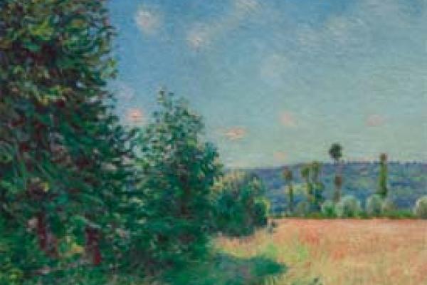 Painting of trees, blue sky, and field