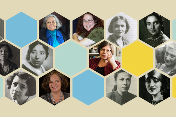 honeycomb pattern of headshots of Yiddish writers, past and present