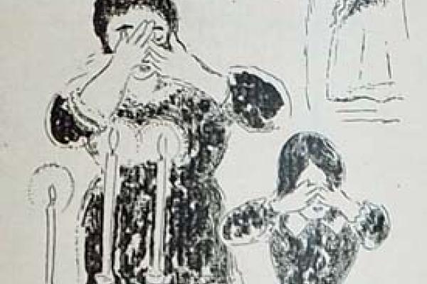Sketch in black and white of a woman and child lighting candles and covering their eyes
