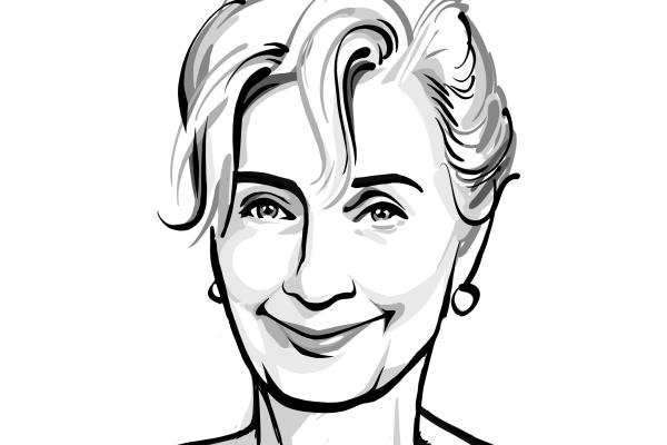 Illustration in black and white of woman smiling at camera wearing earrings 