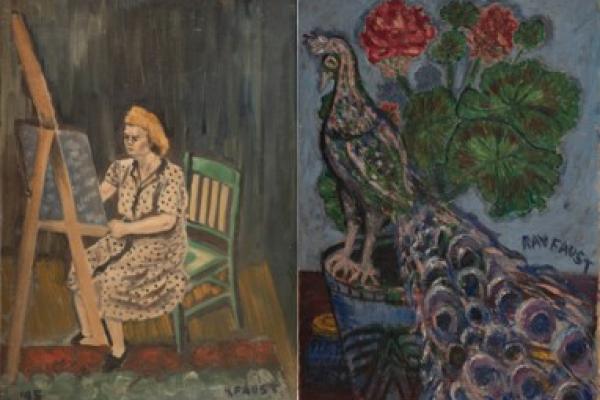 Paintings side by side. Self portrait of female artist sitting in chair painting and peacock with flowers. 