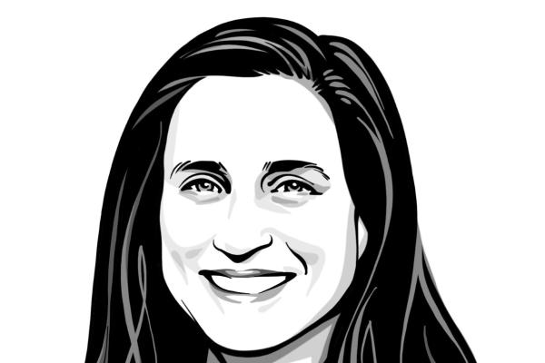 Black and white illustration of woman with long dark hair smiling at camera