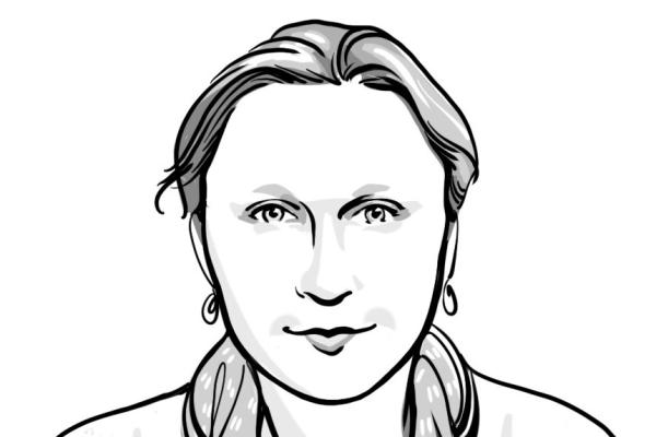 Black and white illustration of a woman wearing earrings and scarf