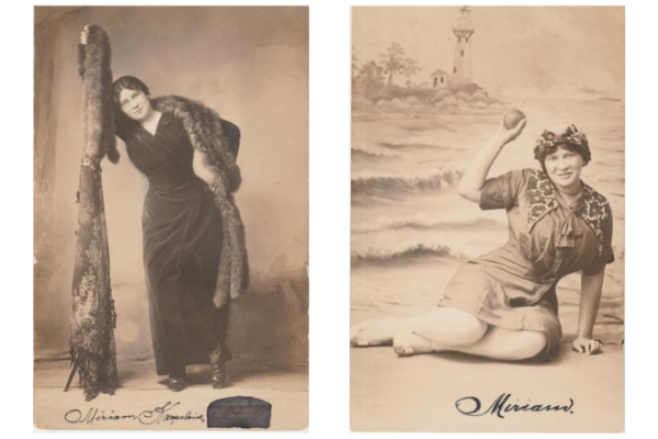 Two sepia-toned photographs of Miriam Karpilove. In one she poses in front of a fake beach, and the other she leans against a coat rack