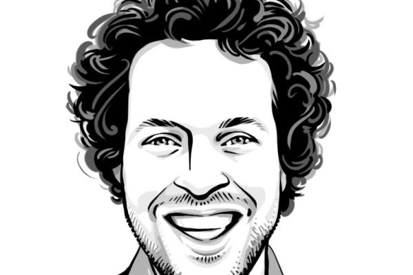 Man with curly hair and button up shirt, black and white illustration