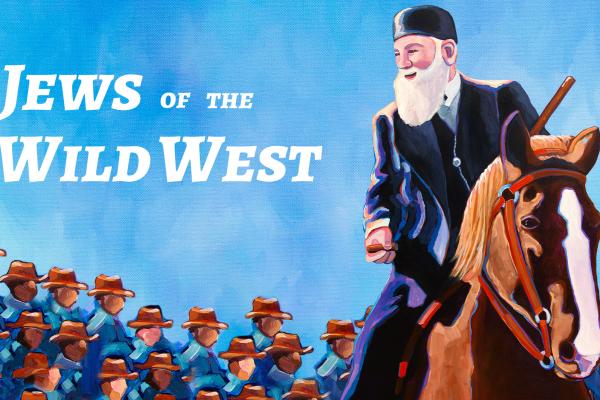 Movie poster in the style of a painting. White bearded man with skull cap on horse with series of men in background wearing cowboy hats.
