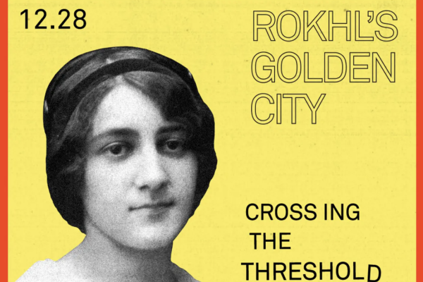 Rokhl's Golden City text in top right against yellow background with red border and photo of woman