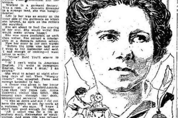 Sketch of Anzia Yezierska accompanying an article in the Cedar Rapids Evening Gazette, March 5, 1921.