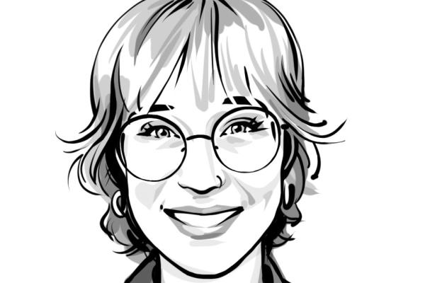 Black and white illustration of a woman with short hair and glasses