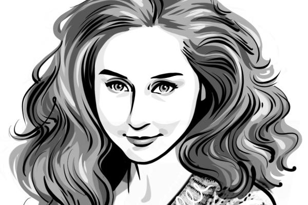 Illustration of woman with voluminous wavy hair and v neck sweater