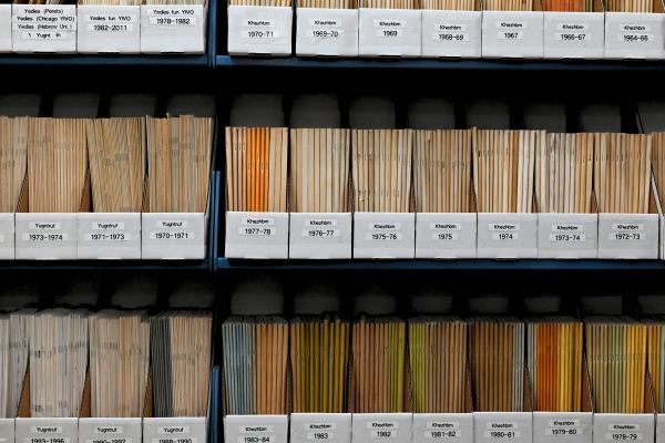 Colorful periodicals in labeled boxes on shelves